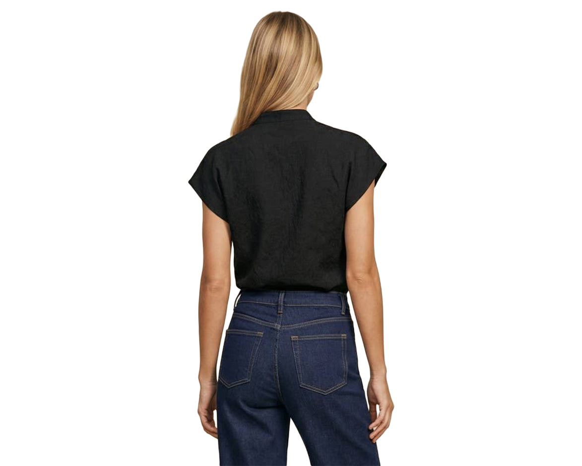 Split V-neck Drop Shoulder Short Sleeve Top Black
